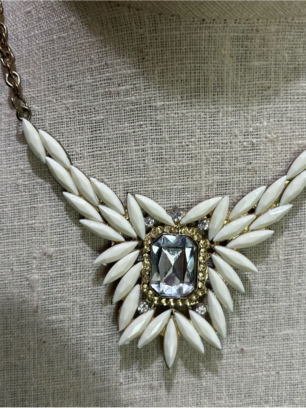 White and Gold Statement Necklace with Clear Crystal Center